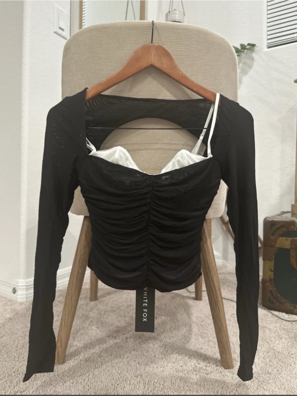 White Fox Boutique Black Ruched Long Sleeve Crop Top